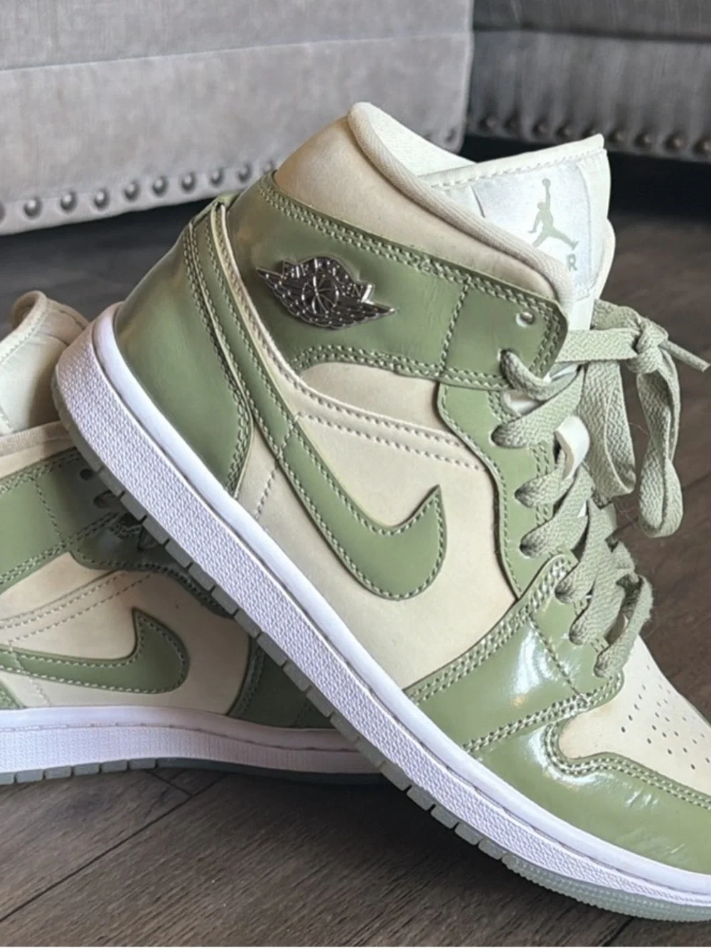 Jordan Kids Mid-Top Sneakers in Sage Green and Cream